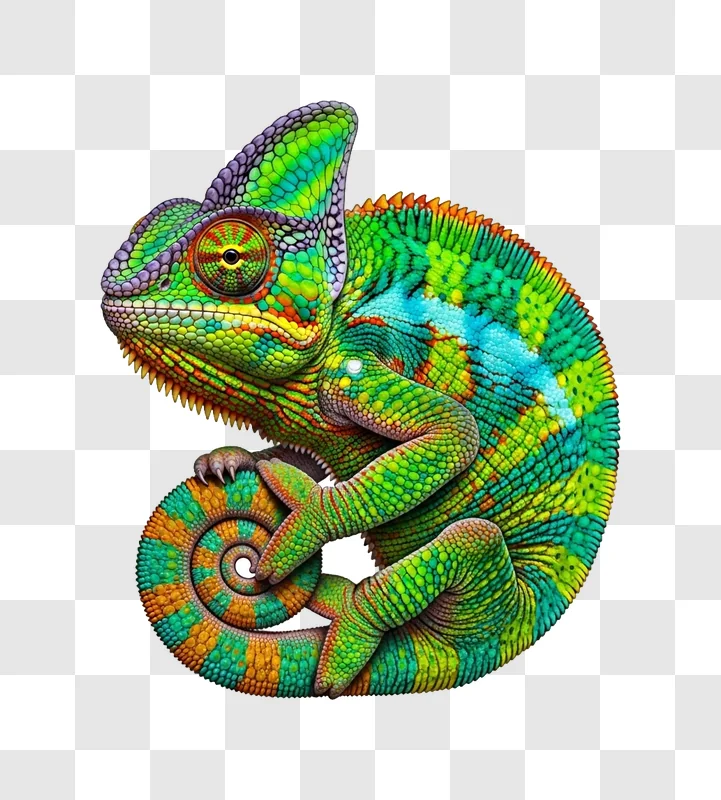 Vivid Chameleon Coiled With Colorful Scales vibrant green blue orange scales