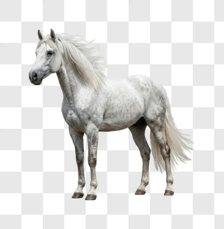 White Horse Standing With Flowing Mane dapple gray coat transparent background