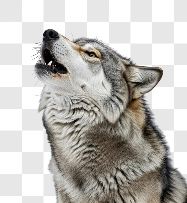 Wolf Howling With Mouth Open Against realistic gray fur transparent background