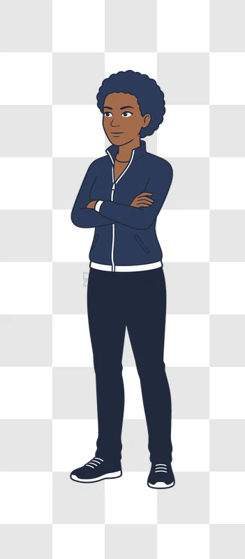Woman in Dark Tracksuit Standing cartoon style dark blue outfit