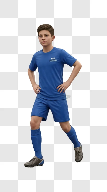 Young Boy in Blue Falcons Soccer Uniform blue uniform transparent background