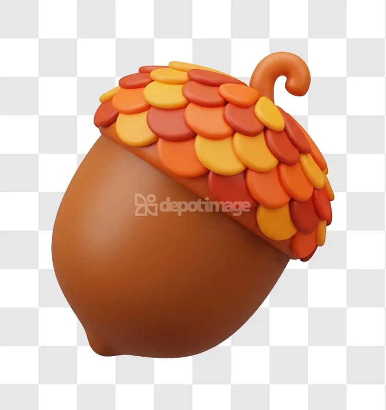 3d Acorn Icon Autumn Fall Seasonal Symbol: stylized brown and orange acorn, 3D render