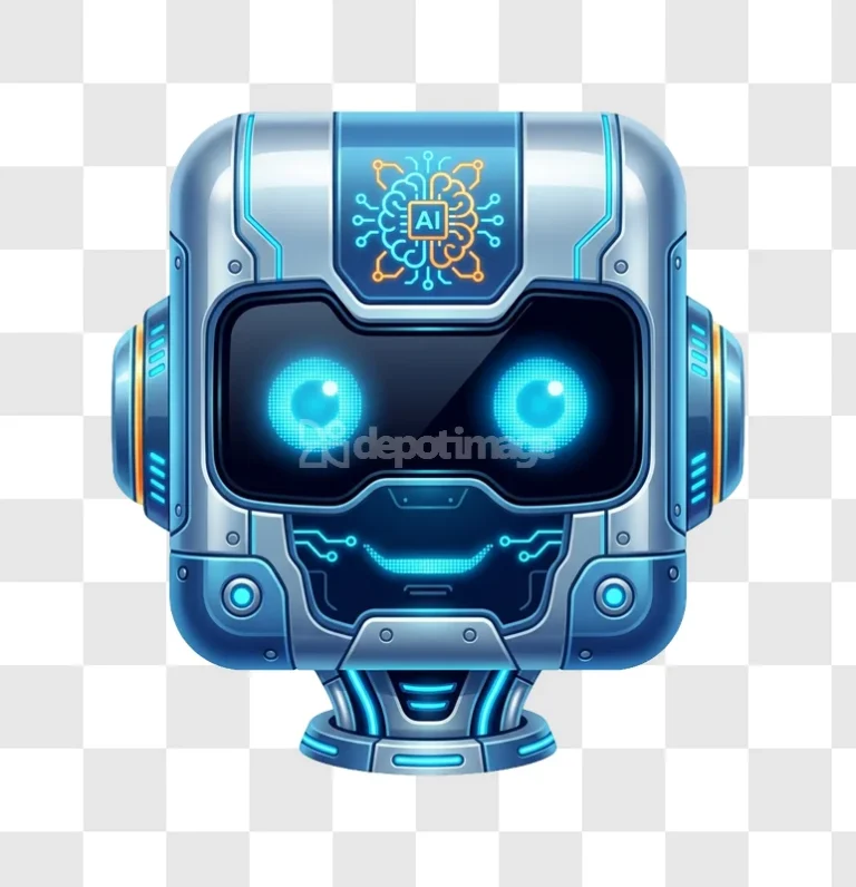 Ai Robot Head Icon Cybernetic Brain Tech metallic blue glowing eyes transparent