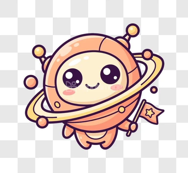 Alien Robot Mascot Holding Flag Cute cartoon style, orange and yellow, transparent background