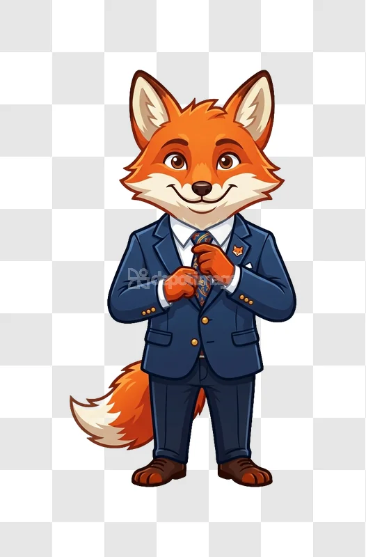 Animated Fox in Suit Adjusting Tie Smiling cartoon style blue suit
