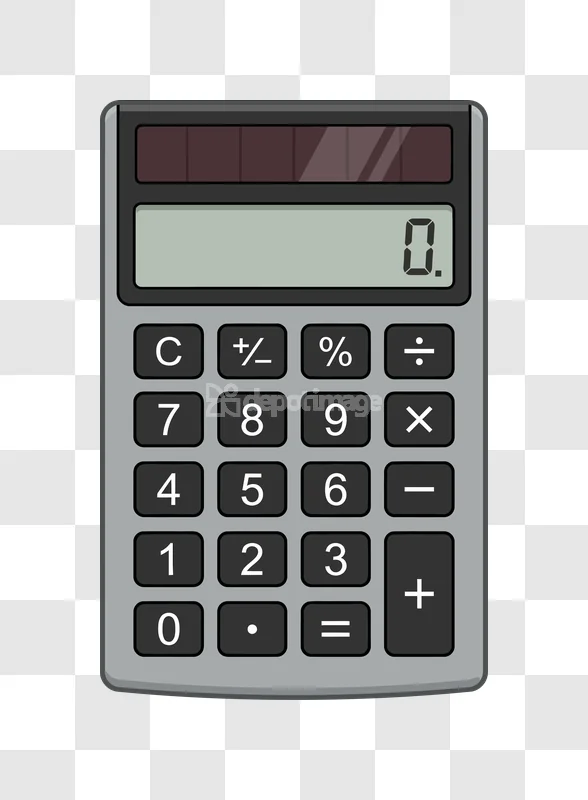 Basic Solar Calculator Display Buttons Gray with black buttons, gray body, and digital display.