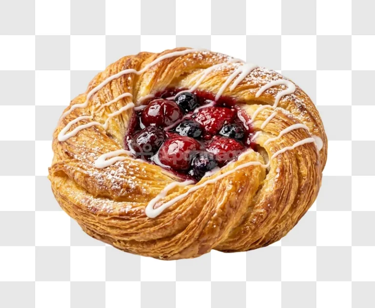 Berry Fruit Danish Pastry golden brown with berries and icing