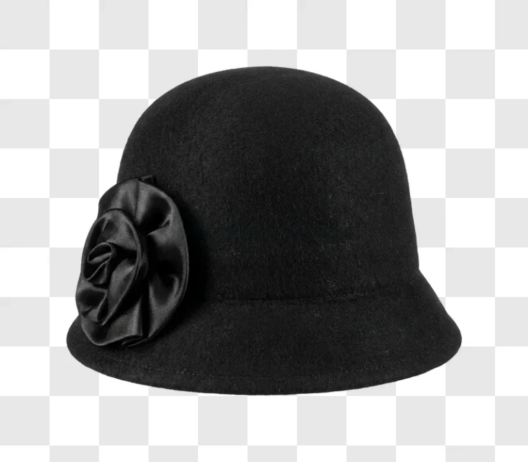 Black Cloche Hat With Satin Flower felt material, satin detail, transparent background