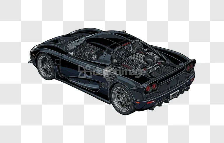 Black Detailed Supercar Top Rear View dark illustration detailed engine