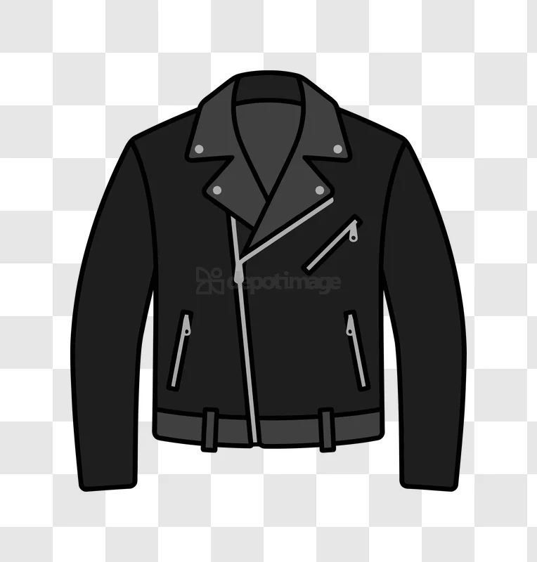 Black Leather Jacket With Zippers and Buttons flat illustration black background