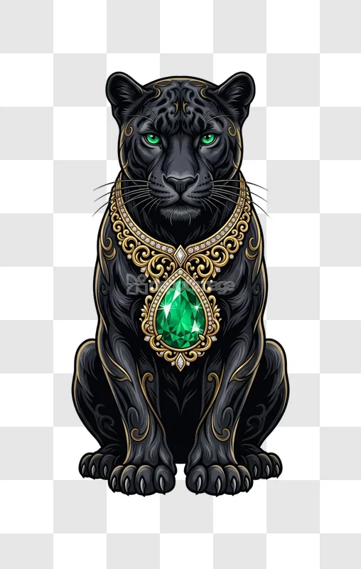 Black Panther Gold Emerald Diamond Necklace Jewelry ornate detailed illustration black background