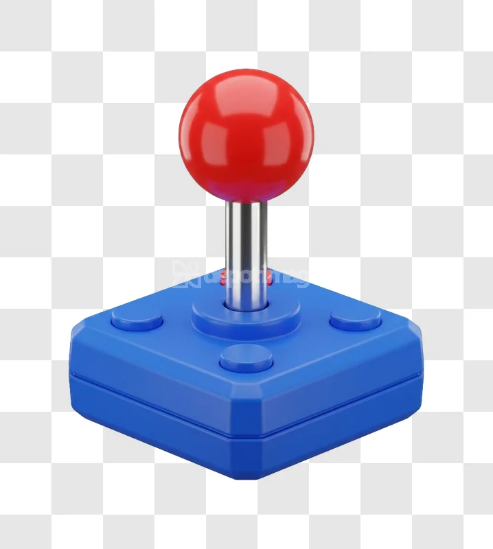 Blue Arcade Joystick Red Ball 3d Icon with a shiny red ball and blue base on a transparent background.