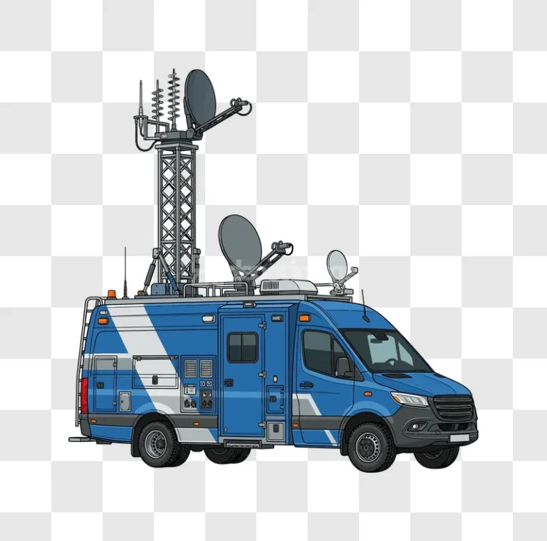 Blue Communication Van With Satellite Dishes detailed illustration, gray dishes, transparent background
