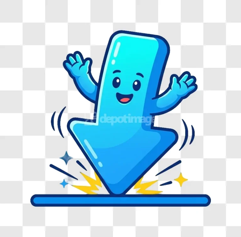 Blue Down Arrow Character Icon Happy Jumping cartoon style transparent background