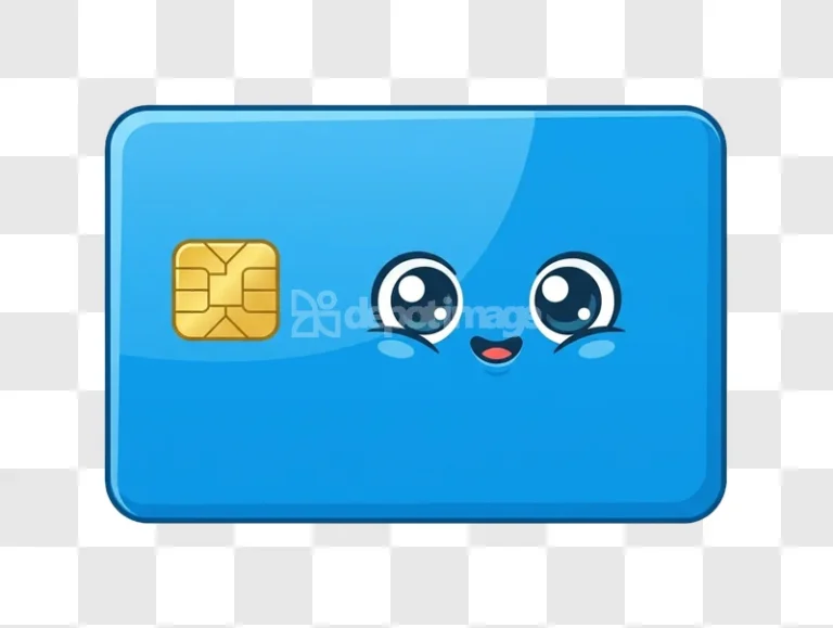 Blue Payment Credit Card Chip Kawaii Face blue cartoon style, gold chip, happy expression
