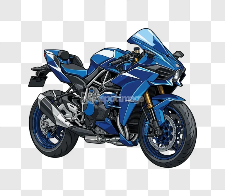 Blue Racing Motorcycle Illustration detailed cartoon style on black background