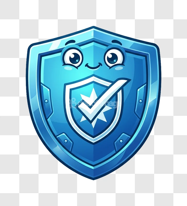 Blue Security Shield Face Cute Vector Icon cartoon style transparent background