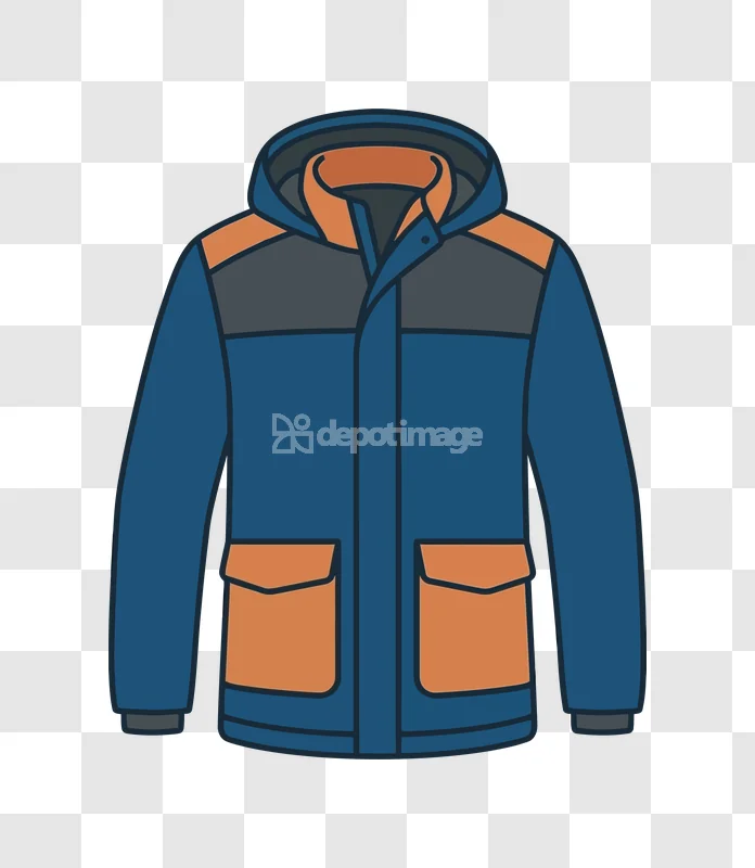 Blue Winter Jacket With Orange Pockets flat vector illustration transparent background