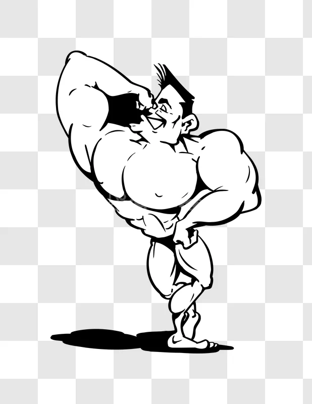 Bodybuilder Illustration Flexing Muscles Lineart black and white cartoon style