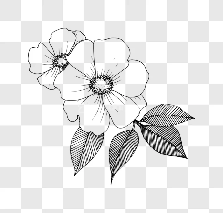 Botanical Ink Drawing Wild Roses Leaves Pattern black ink drawing