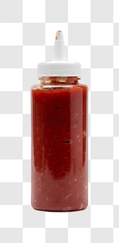 Bottle of Red Sauce From Below transparent background, white cap, red sauce
