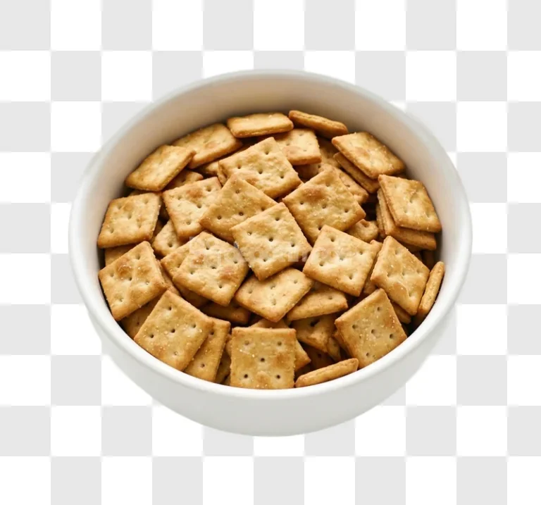 Bowl of Square Salty Crackers in a white bowl, golden brown, top-down view