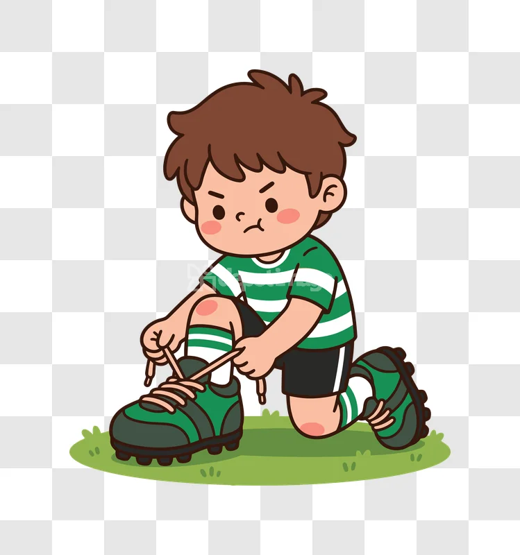 Boy Tying Shoelaces on Green Grass cartoon style green white