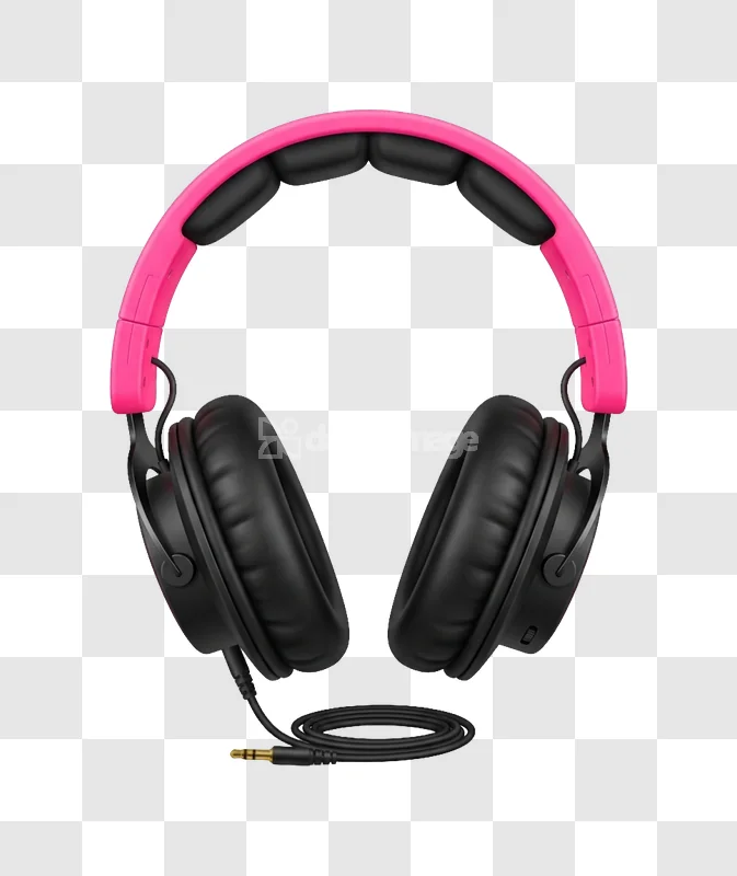 Bright Pink Black Over Ear Headphones Cord transparent background studio shot