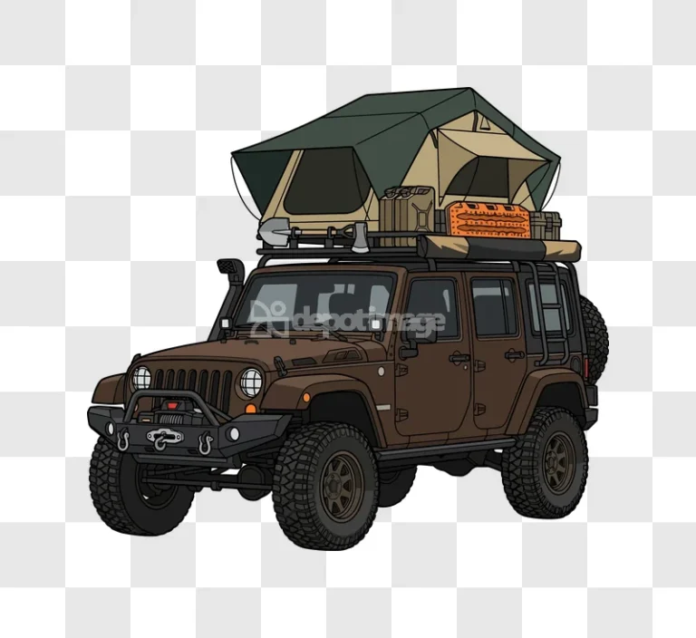 Brown Jeep With Roof Top Tent cartoon illustration black background