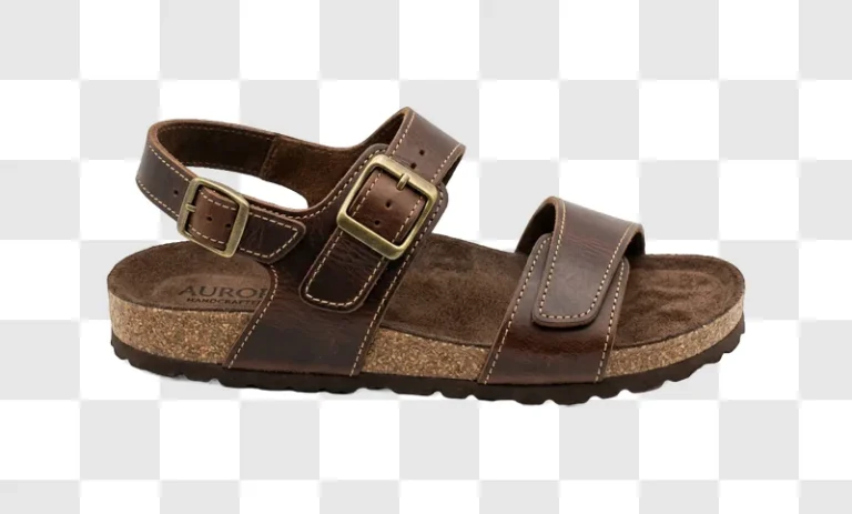 Brown Leather Sandal With Cork Sole with buckles and white stitching