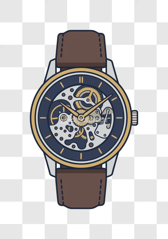 Brown Leather Strap Skeleton Watch flat illustration transparent background