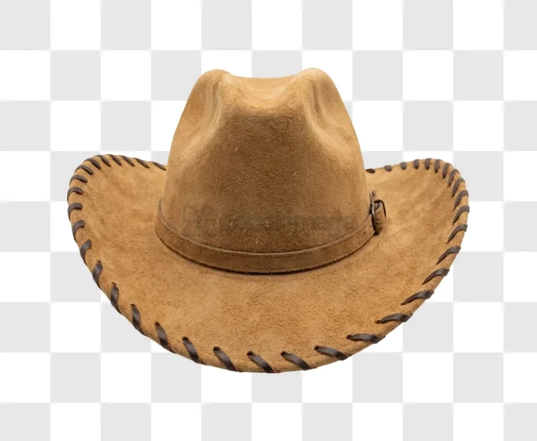 Brown Suede Cowboy Hat Close up View, textured brown suede, stitched brim