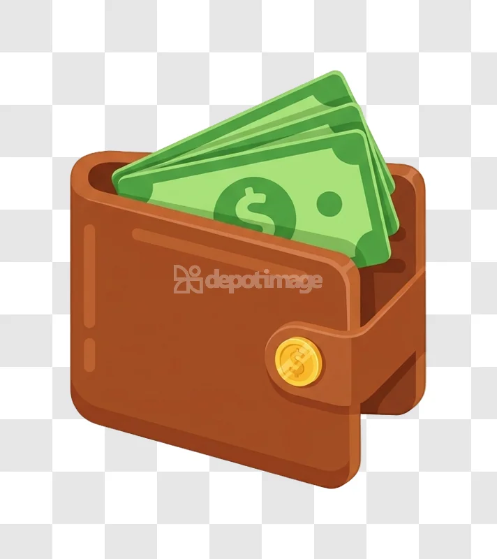 Brown Wallet Green Dollar Bills Money Icon flat cartoon style transparent background