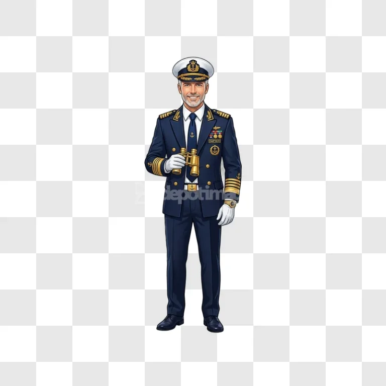Captain Watch Gold Navy Uniform Illustration Man smiling man holding binoculars