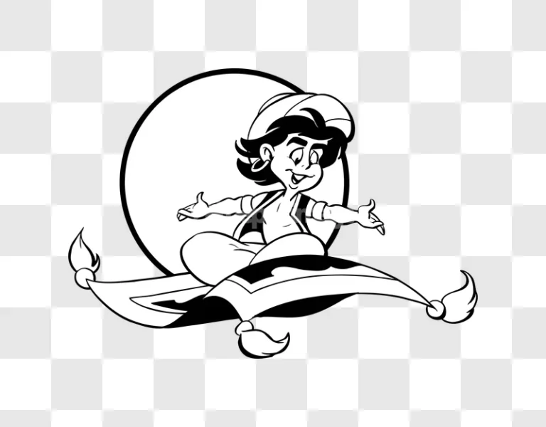Cartoon Aladdin Flying Magic Carpet Smiling black and white line art illustration