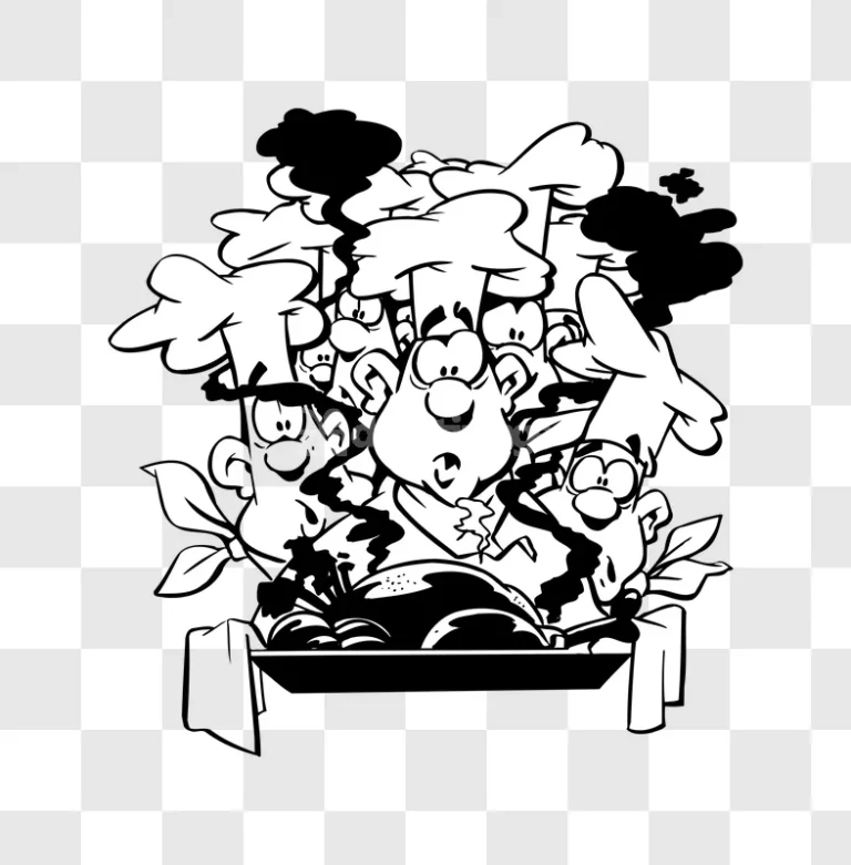 Cartoon Chefs Cooking a Roast Illustration black and white cartoon style