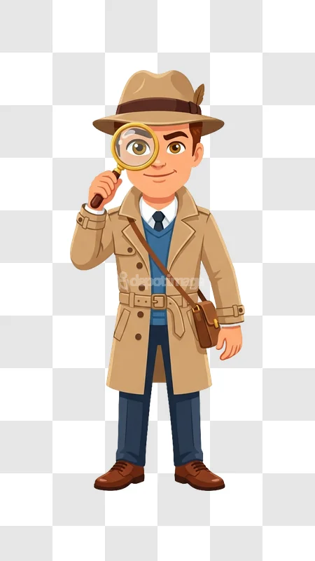 Cartoon Detective Magnifying Glass Trench Coat cartoon style brown trench coat