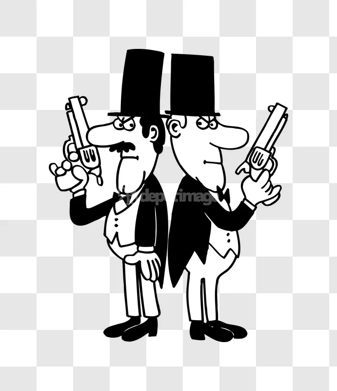 Cartoon Dueling Spies Top Hats Handguns black white illustration guns