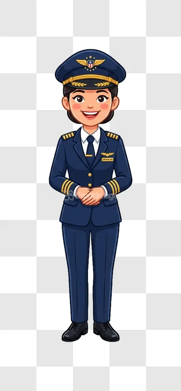 Cartoon Female Pilot Full Body Standing smiling dark blue uniform