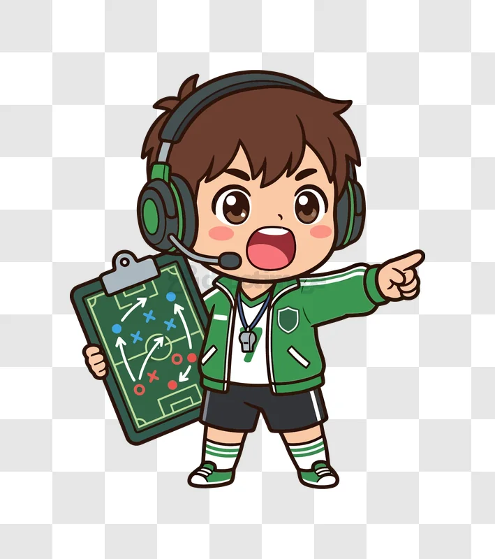 Cartoon Football Coach With Strategy Board green jacket pointing