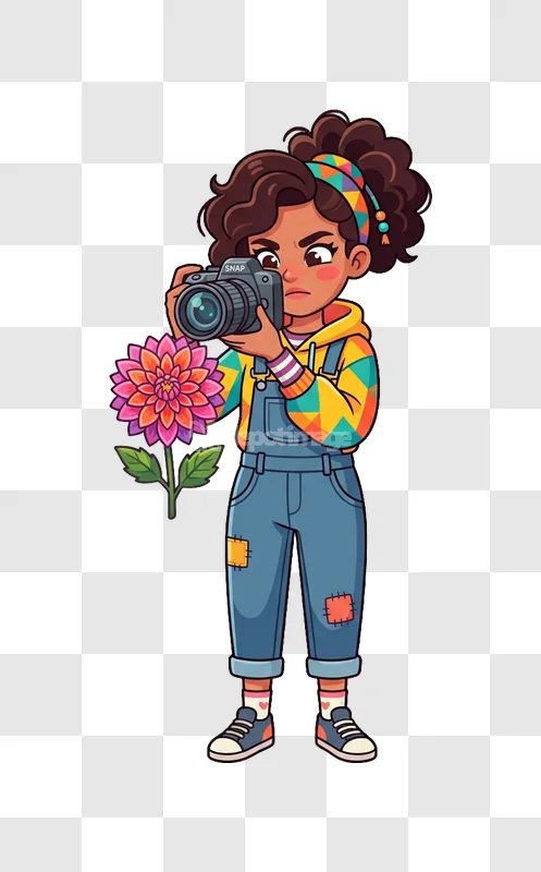 Cartoon Girl Photographer Dahlia Flower cartoon style colorful transparent background