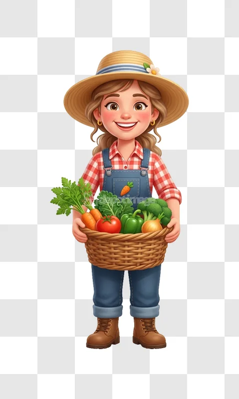 Cartoon Girl Straw Hat Vegetable Basket cheerful expression vibrant colors