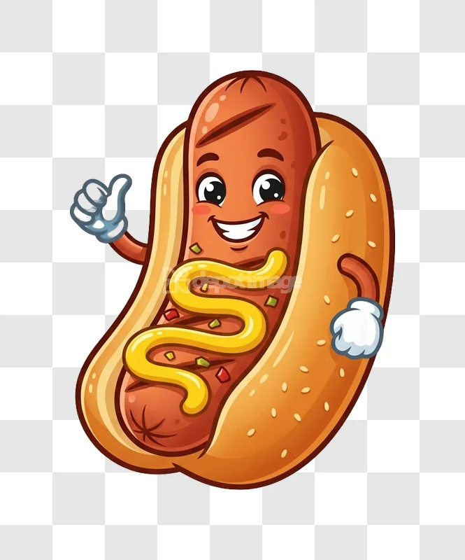 Cartoon Hot Dog Mustard Thumbs up Happy cheerful character transparent background