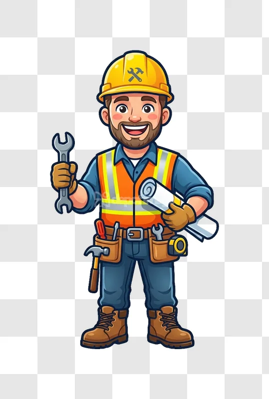 Cartoon Male Construction Worker Tools Plan smiling man hard hat transparent