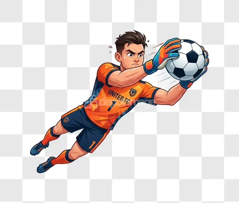 Cartoon Male Goalkeeper Diving Soccer Catch vibrant orange blue uniform, dynamic pose