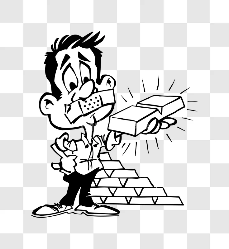 Cartoon Man Bandaged Mouth Holding Gold Bars black and white illustration, comic style