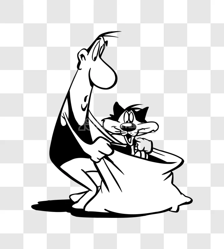 Cartoon Man Holding Cat Illustration black and white line art