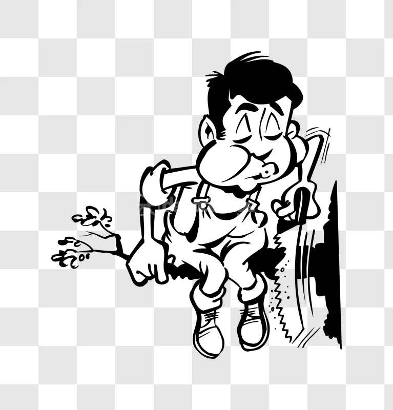 Cartoon Man Sawing Branch Illustration black and white character, simple line art