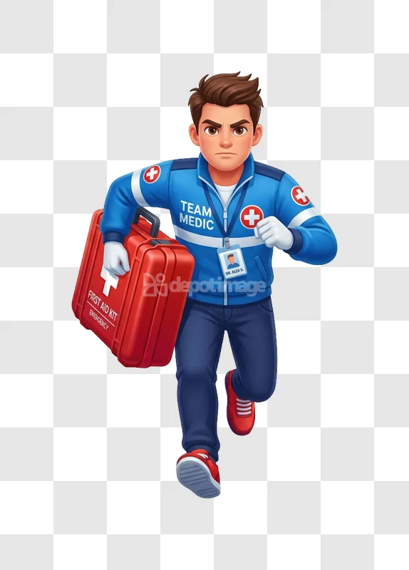 Cartoon Medic Running Red First Aid Kit vibrant blue uniform red kit