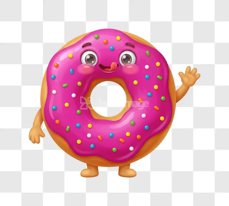 Cartoon Pink Glazed Donut Sprinkles Happy character with arms and legs